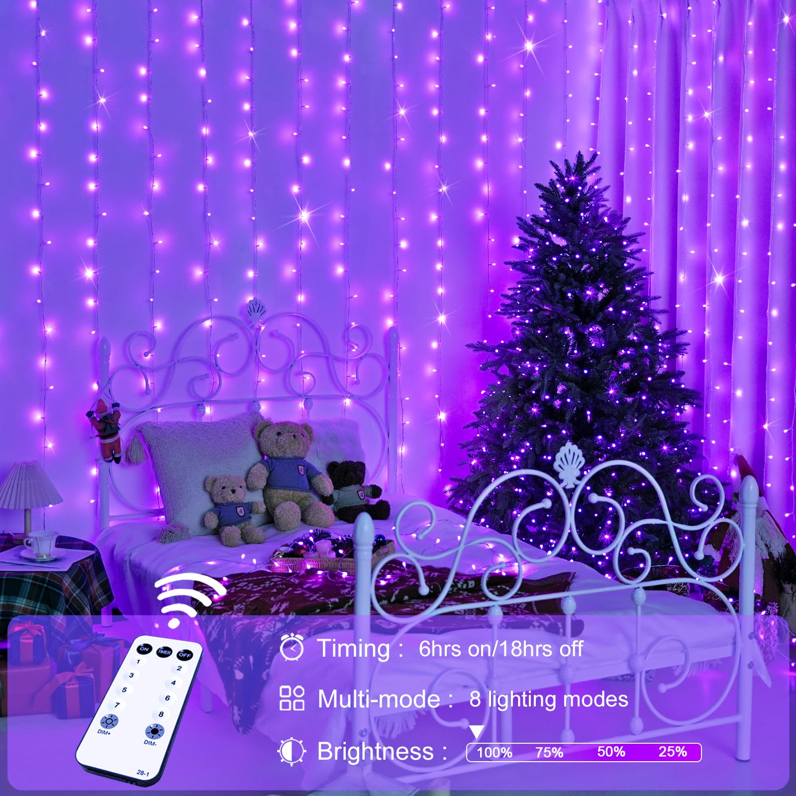 JMEXSUSS 300LED Purple Christmas Lights with Remote - 8 Modes Waterproof Fairy String Lights for Indoor Outdoor Decor, Bedroom, Window, Wall, Party Backdrop - Perfect for Xmas, Halloween, Wedding & Garden Decorations