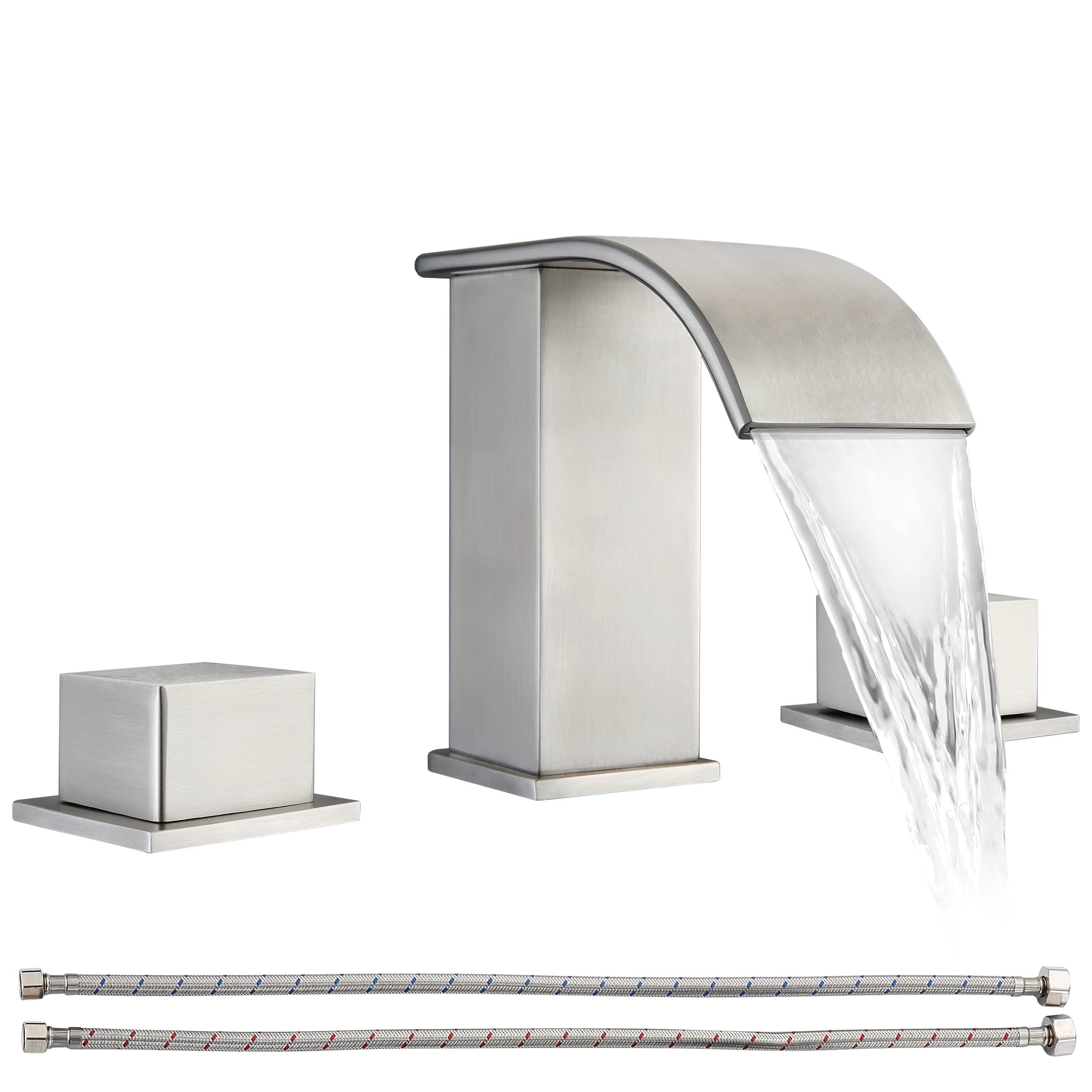Brushed Nickel Waterfall Bathroom Faucet - 8 Inch Widespread 2 Handle 3 Hole Bathroom Sink Faucet with cUPC Certified Supply Lines | Perfect for Vanity, Lavatory & Restroom Sink Installation
