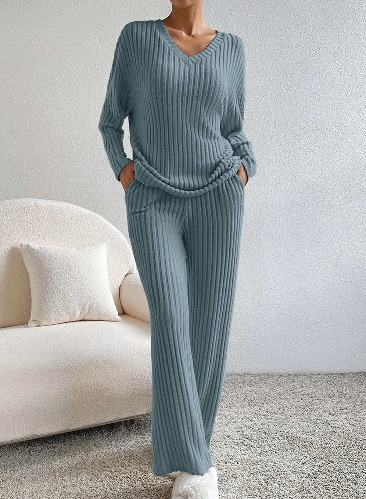 SHEWIN Women's Pajama Sets - Long & Short Sleeve 2-Piece Lounge Outfit, Ribbed Knit Sweater Sleepwear for Cozy Nights & Relaxing at Home