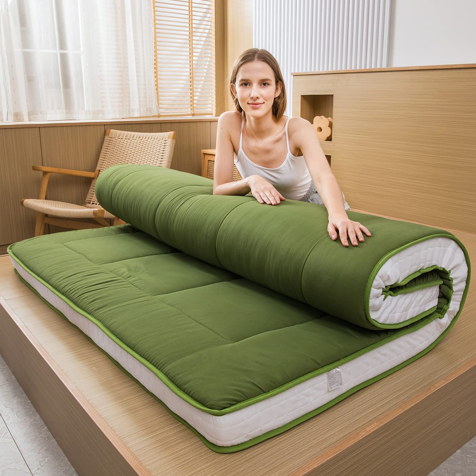 MAXYOYO Futon Mattress - Extra Thick Japanese Floor Mattress & Quilted Bed Topper | Breathable Folding Sleeping Pad for Camping, Guest Bed & Couch Lounger | Twin Size Green Mattress | Perfect for Small Spaces, Sleepovers & Outdoor Adventures