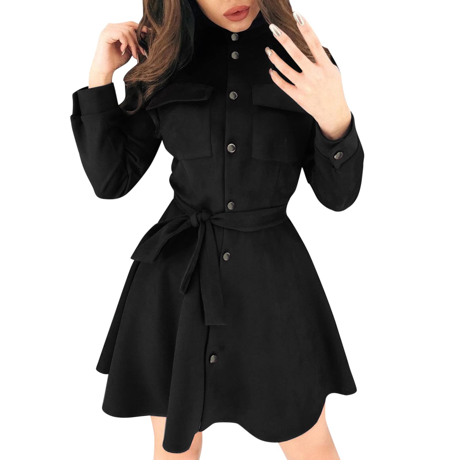 Elegant Women's Stand Collar A-Line Mini Dress with Buttons - Long Sleeve Party & Wedding Guest Dress for Women | Perfect for Cocktail Parties, Bridal Showers & Formal Events