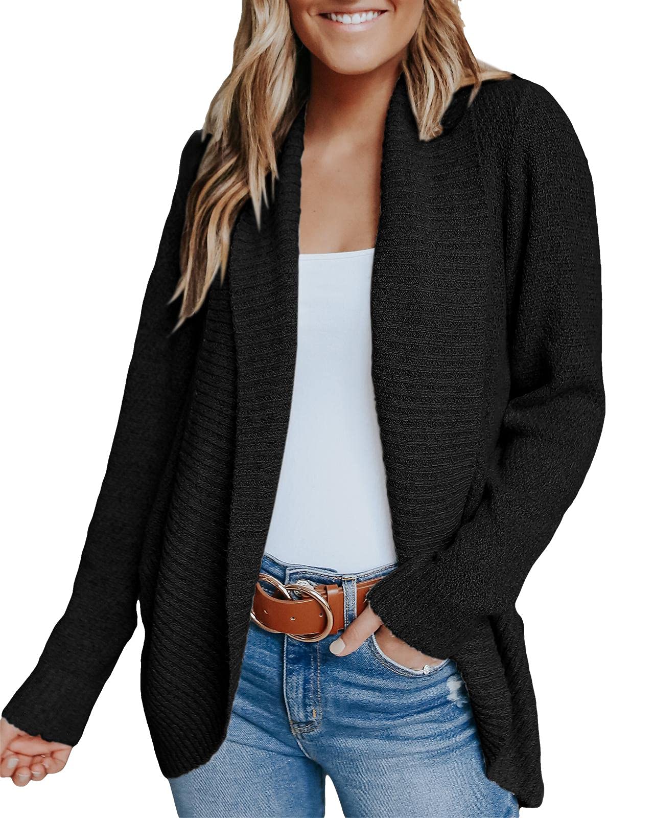 Women's Chunky Crochet Batwing Cardigan - Open Front Asymmetrical Hem Knit Sweater for Casual Wear | Perfect for Fall Layering, Coffee Dates & Cozy Home Outfits