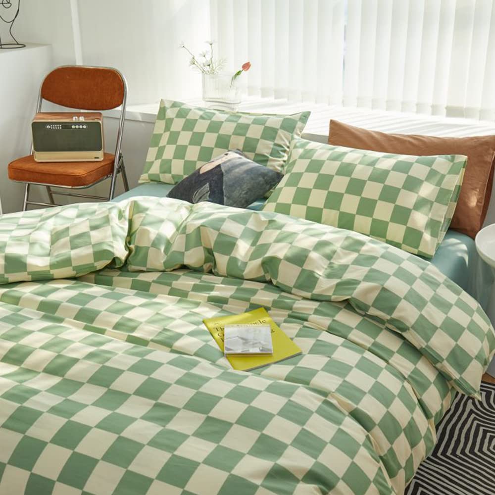 CLOTHKNOW Green White Plaid California King Comforter Set - 3 Piece Grid Bedding Set with 2 Pillowcases | Soft Checkered Duvet Cover for Master Bedroom, Guest Room & Dorm Decor