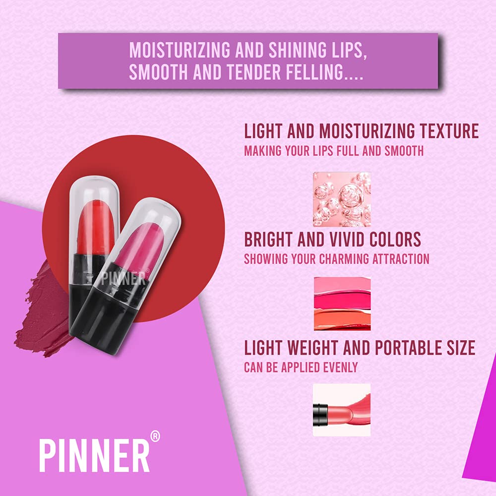 PINNER London Look Mini Pocket Lipstick Combo - 12 Vibrant Shades (Red, Magenta, Mauve, Purple, Peach, Cherry, Nude, Maroon, Brown, Pink, Disco Orange, Chocolate) 17.5g | Travel-Friendly, Everyday Wear & Party Makeup Essential