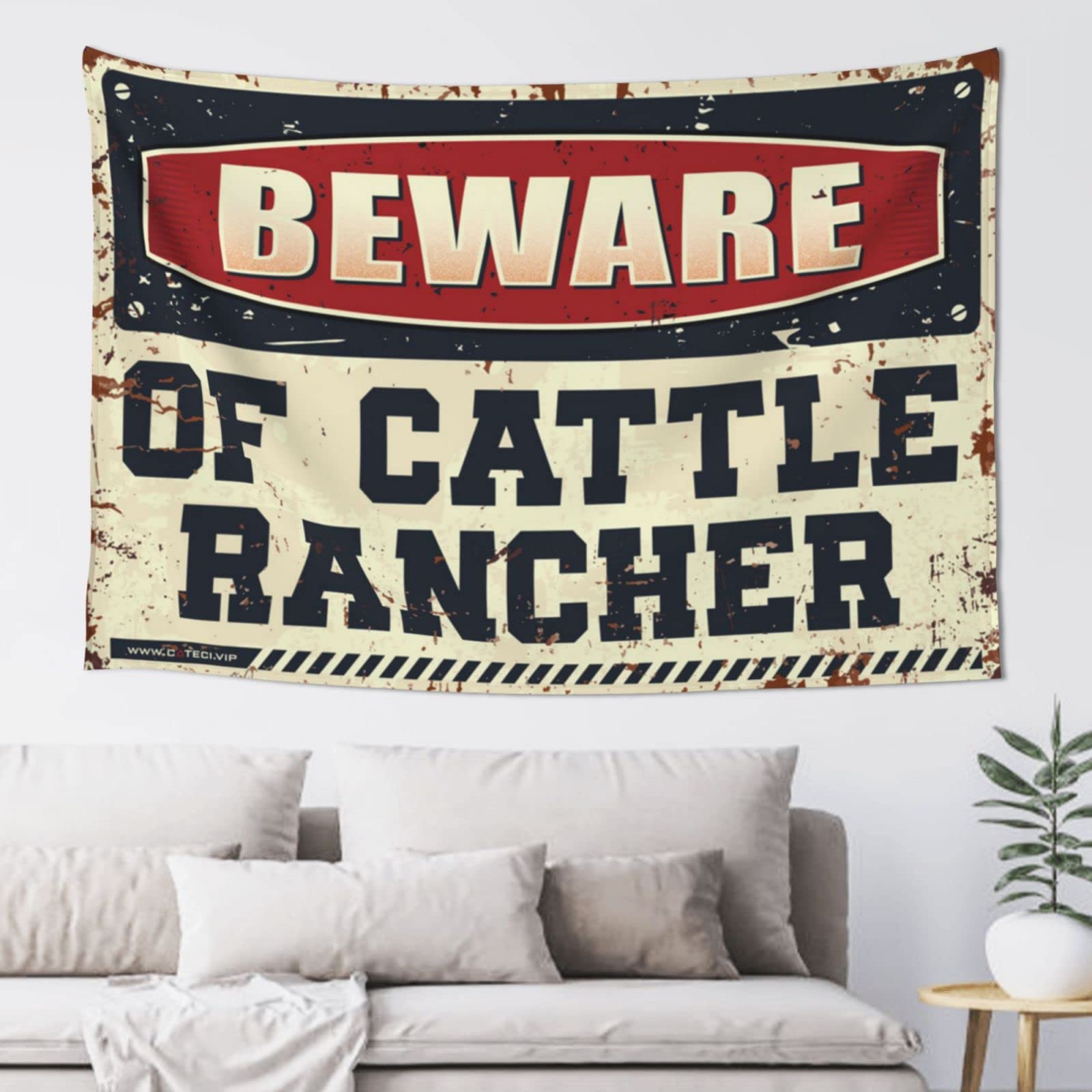 Funny Beware of Cattle Rancher Tapestry Wall Hanging - 75x100cm Western Humor Decor for Bar, Dorm Room & Cowboy Themed Parties | Perfect for Farmhouse, Ranch Style Home Decor