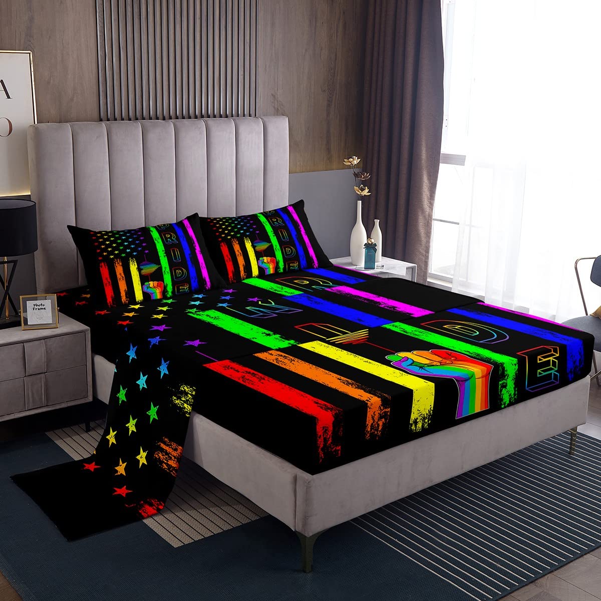 American Flag Twin Sheet Set - 3 Piece Rainbow Stripes Bedding with Deep Pocket Fitted Sheet, Flat Sheet & Pillowcase | Soft Black Watercolor Pride Theme for Kids & Teens Room Decor | Perfect for Dorm Rooms, Guest Beds & Patriotic Home Decor