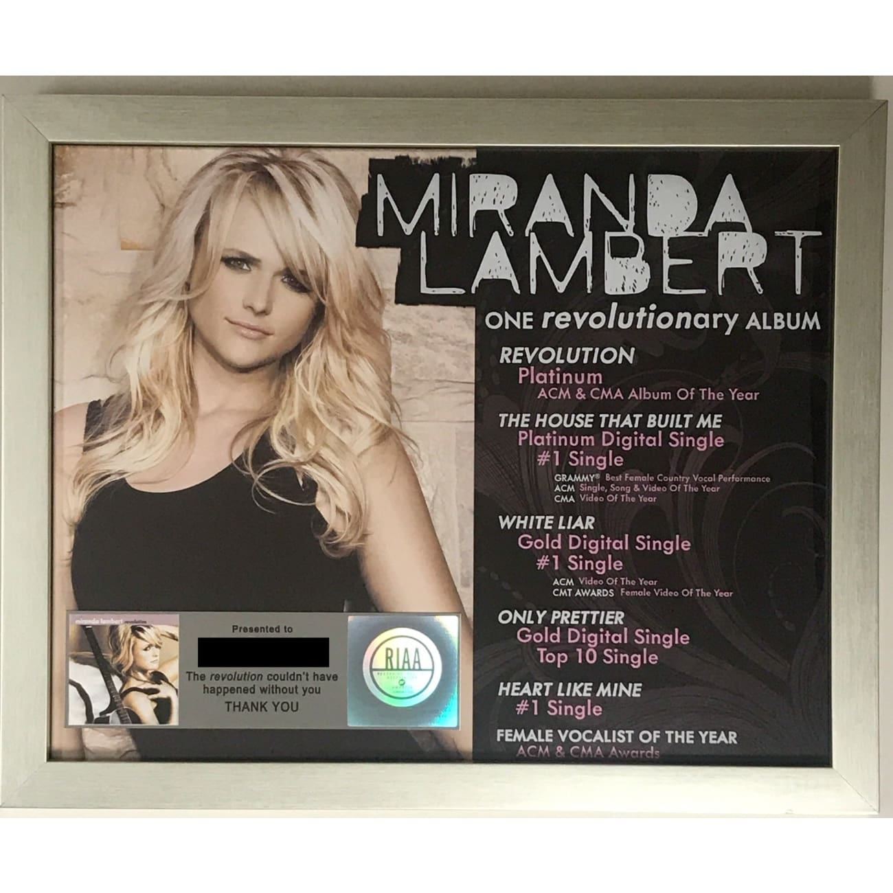 Miranda Lambert Revolution & The House That Built Me RIAA Platinum Award - Perfect for Country Music Fans & Collectors | Display in Home, Office, or Music Room