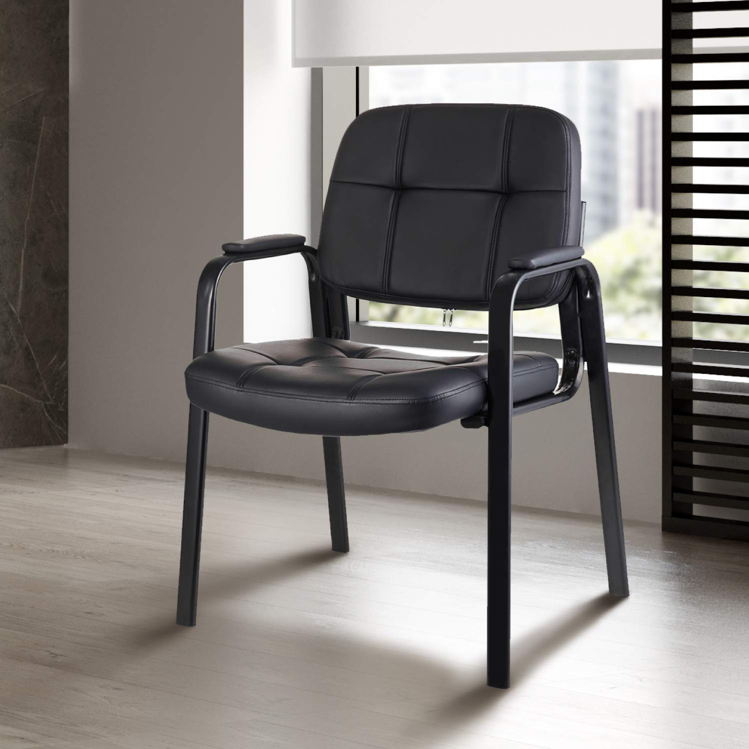 Premium CLLATINA Leather Waiting Room Chairs - Padded Arm Guest Chairs for Office Reception, Conference Room & Lobby - Black Leather Seat with No Wheels - Perfect for Clinics, Hotels & Corporate Spaces