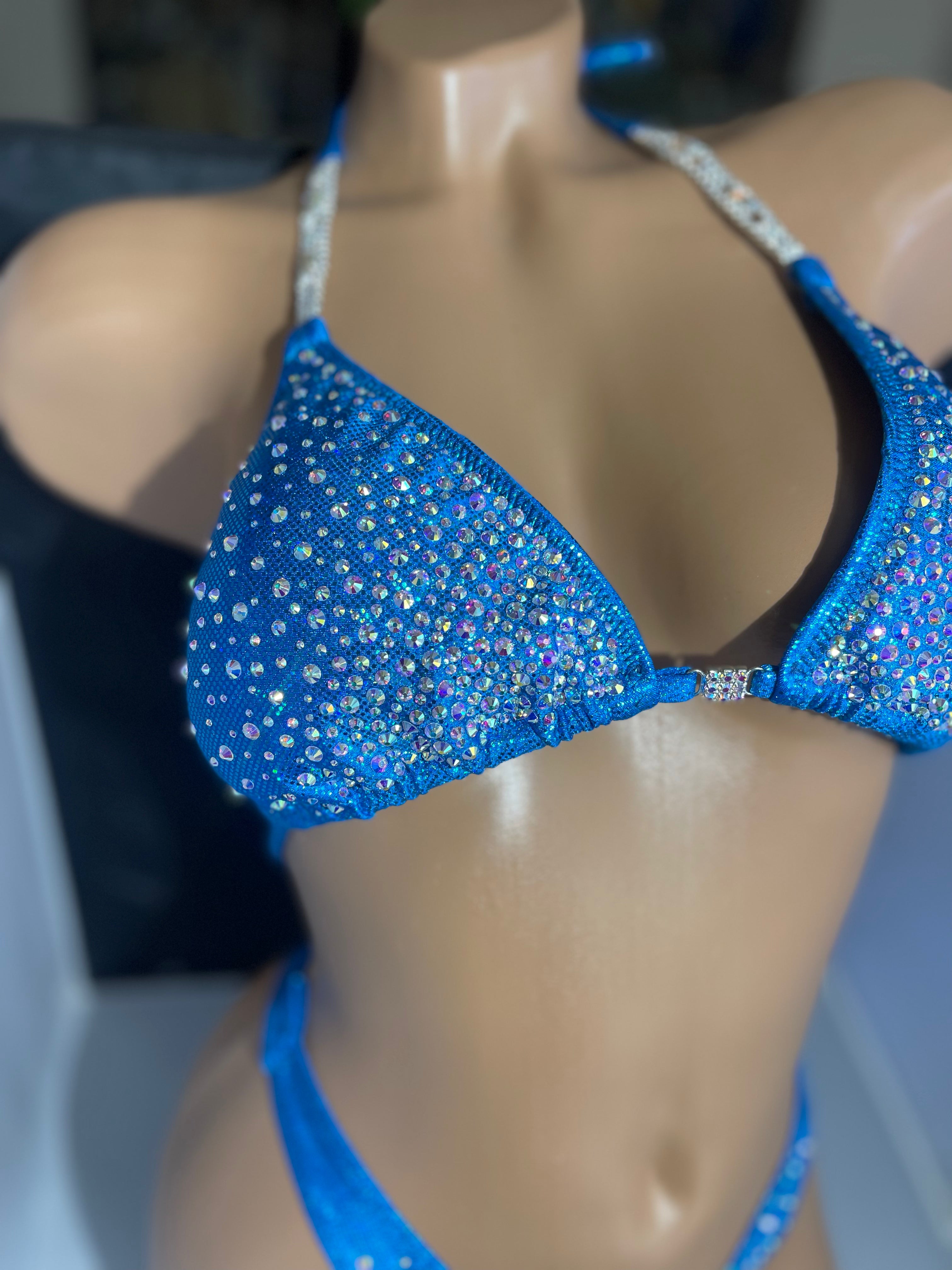 Stunning Turquoise Shattered Glass AB Rhinestone Burst Figure Physique Bodybuilding Posing Suit - Competition, Stage Performance, Fitness Shows