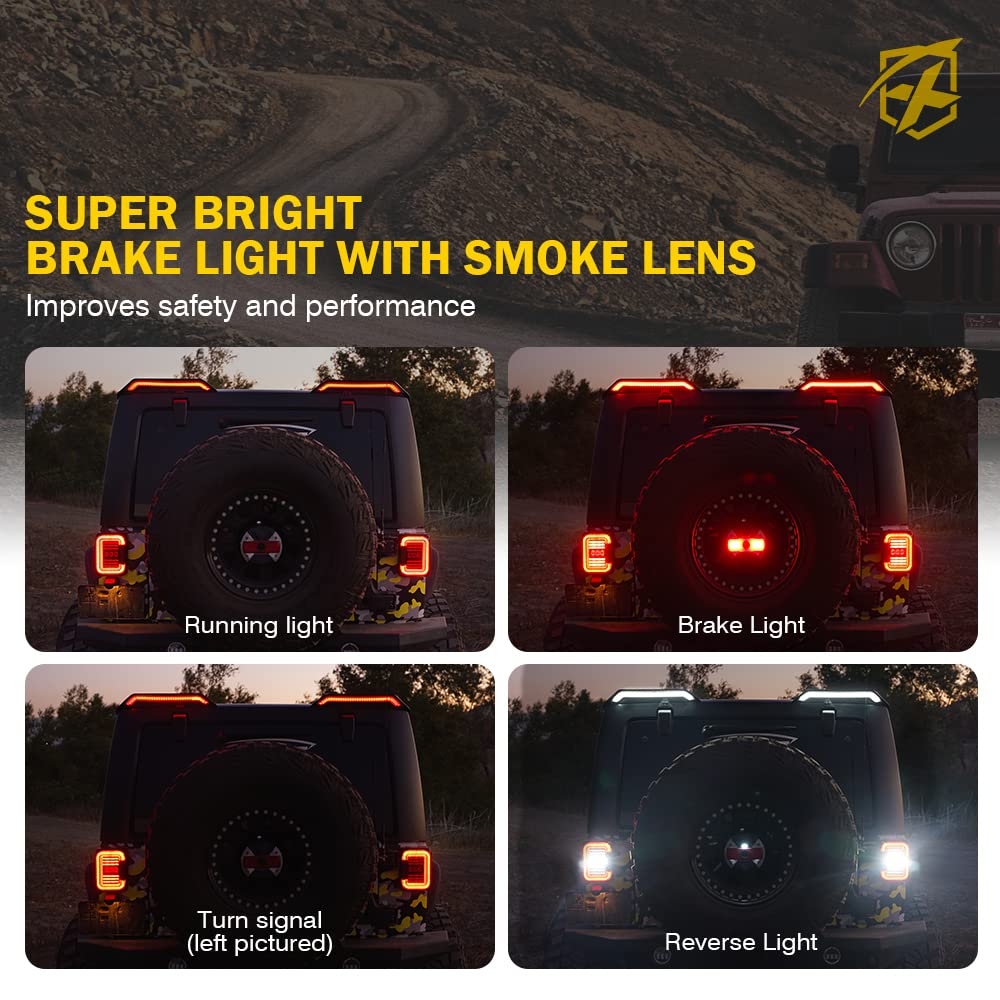 Xprite High Mount LED Brake Lights with Turn Signal & Reverse Light - Compatible with Jeep Wrangler JK JKU 2007-2018 - Easy Installation Roof Tail Lights - 2PCS Set - Perfect for Off-Roading & Night Driving Safety