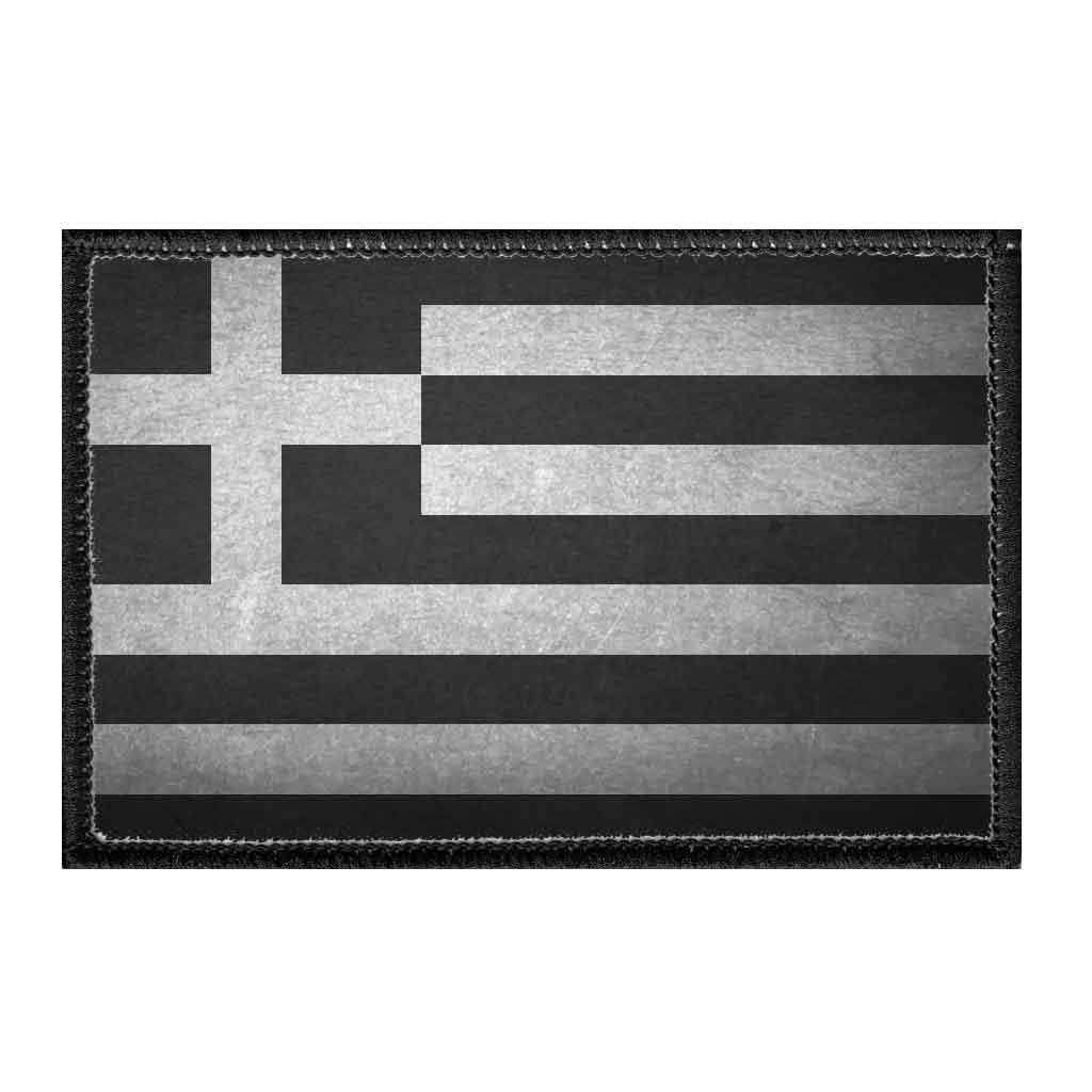 Distressed Black and White Greece Flag Patch 2x3 Inch - Hook and Loop Backing for Hats, Jackets, Vests & Denim - Vintage Style Embroidered Iron-On Badge for DIY Crafts, Biker Gear & Patriotic Fashion