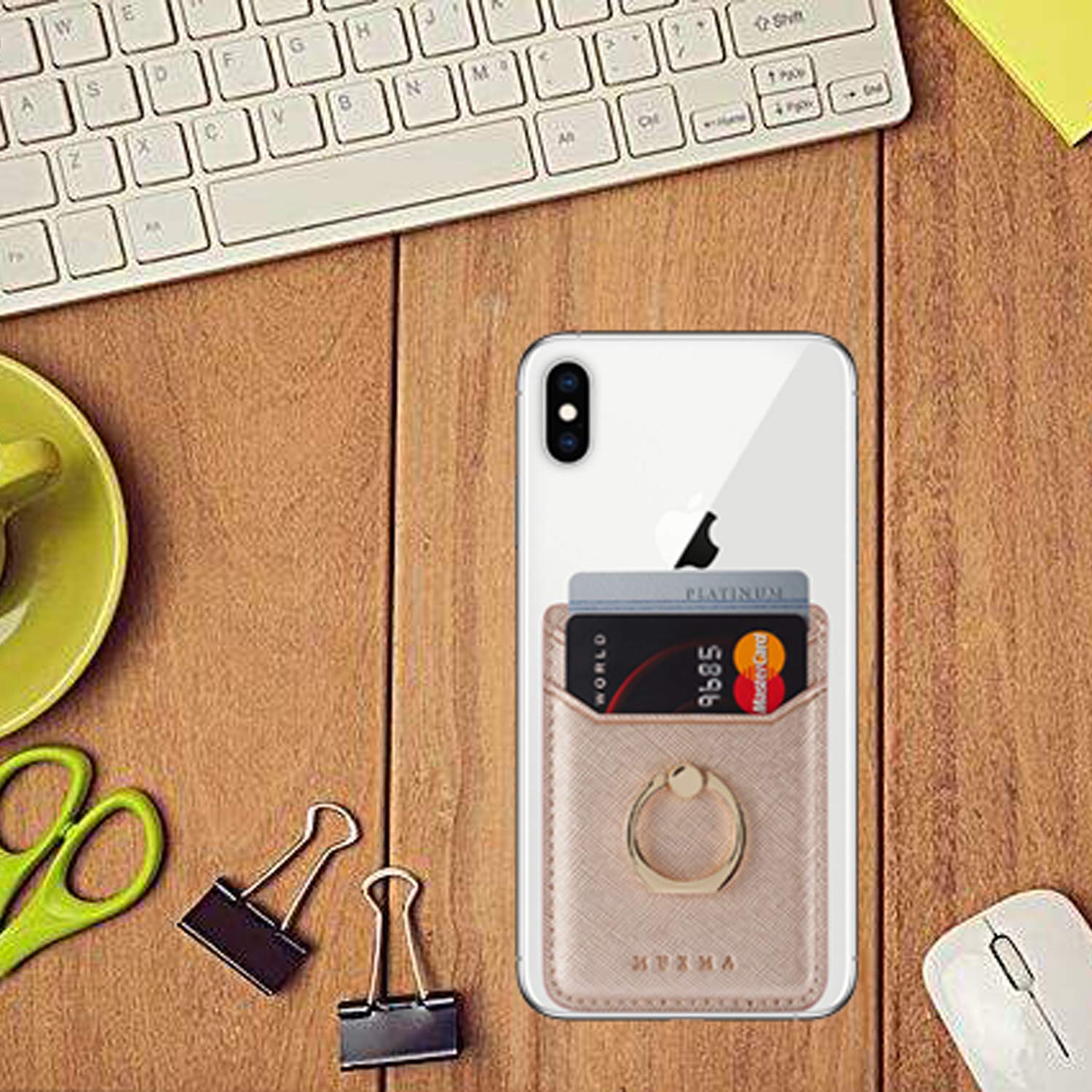 RFID Phone Card Holder - Rose Gold Pu Leather for iPhone & Android - Wallet & Stand for Daily Use