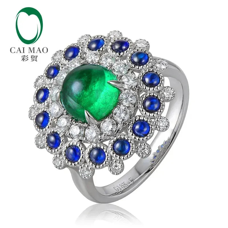 1.85ct Natural Emerald Cabochon Cut 18k White Gold Halo Diamond Sapphire Engagement Ring for Women - Perfect for Proposals, Anniversaries & Special Occasions