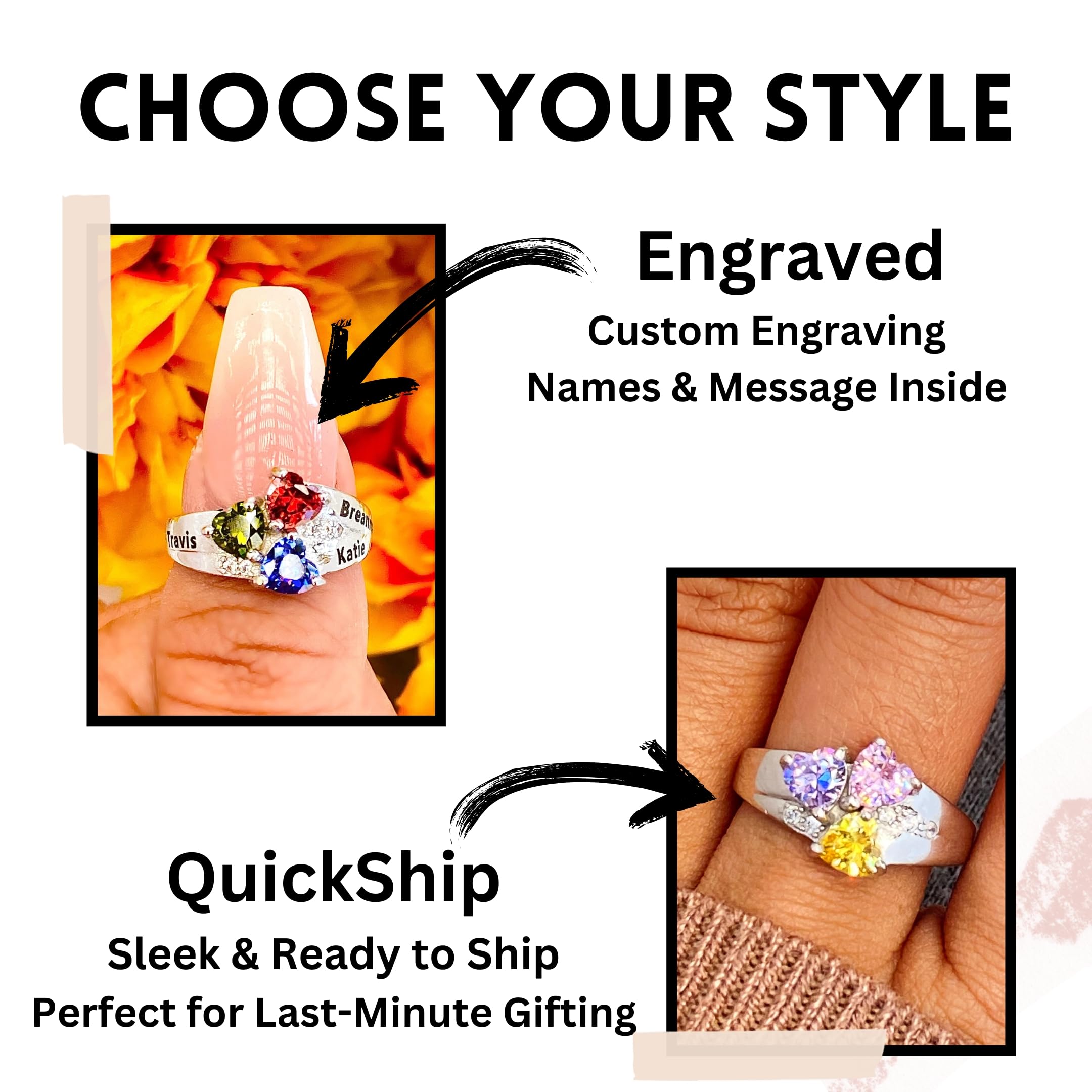 Custom 3 Birthstone Mothers Rings with Engraved Names - Sterling Silver, 10K & 14K White Gold - Personalized Jewelry for Women (Sizes 5-12) - Perfect Gift for Mother's Day, Birthday & Anniversary