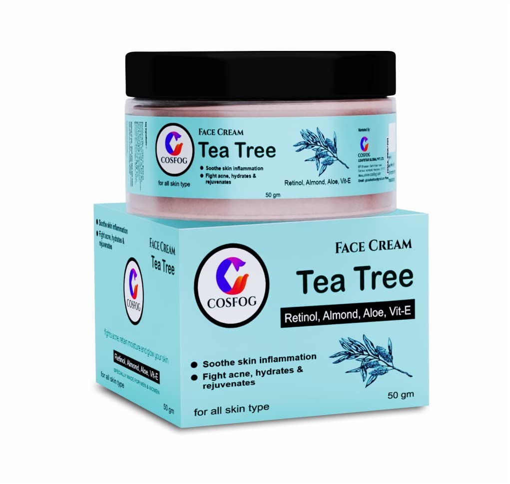 Tea Tree Face Cream with Retinol, Almond, Aloe Vera & Vitamin E - Acne Treatment, Dark Spot Remover & Moisturizer for Oily & Sensitive Skin - 50g - Perfect for Daily Skincare Routine & Nighttime Use