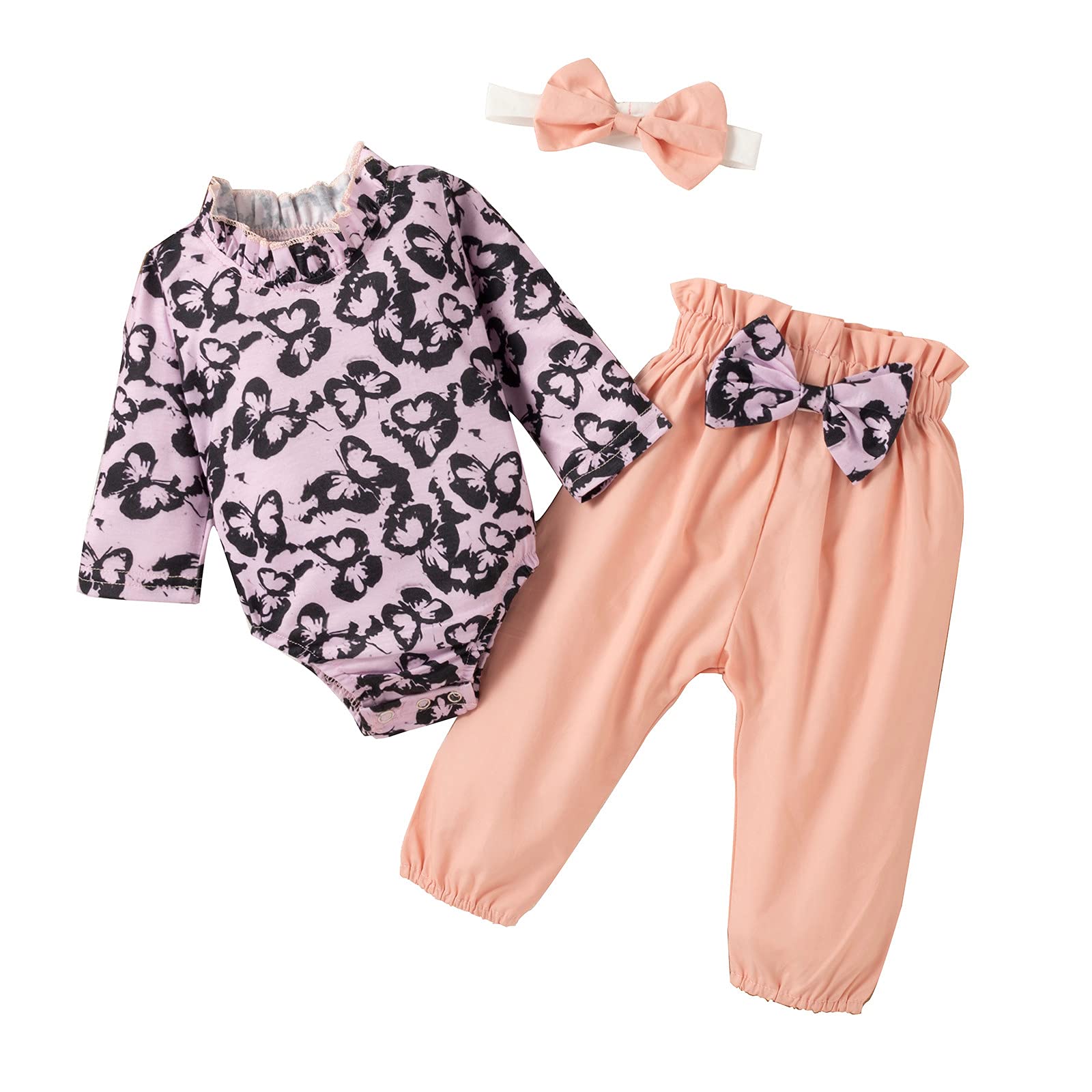 Baby Girls' 3-Piece Outfit Set - Long Sleeve Printed Romper, Solid Pants & Headband | Cute Infant Clothes for Newborns & Toddlers | Perfect for Playdates, Parties & Photo Shoots