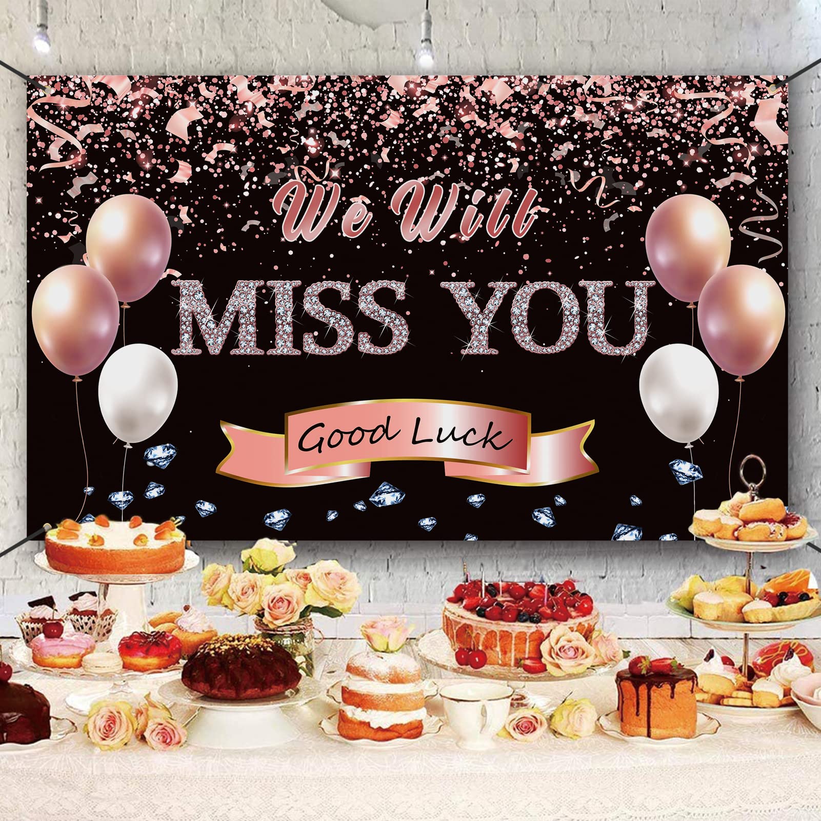 Rose Gold 'We Will Miss You' Sign Banner Backdrop - Retirement Farewell Party Decorations for Office, Graduation, Going Away & Goodbye Parties - Perfect for Work, School & Special Events