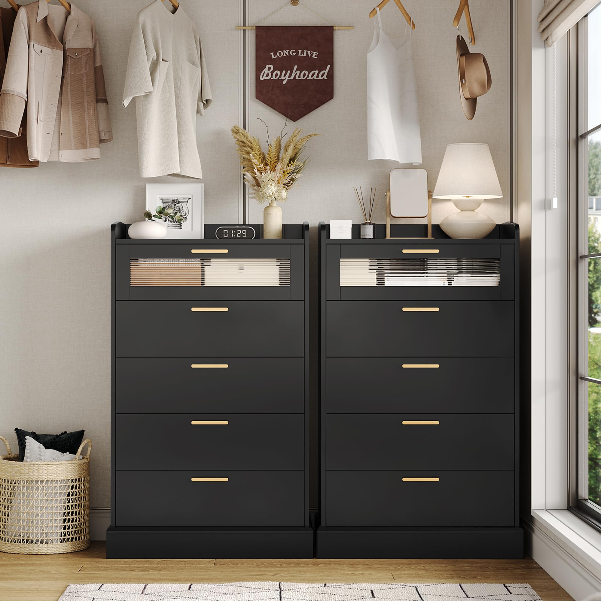Modern 5-Drawer Dresser with Gold Handles - Wooden Storage Cabinet with Anti-Drop Fence & Fluted Glass - Black Chest of Drawers for Bedroom, Living Room, Hallway & Entryway - Perfect for Home Organization & Stylish Storage Solutions