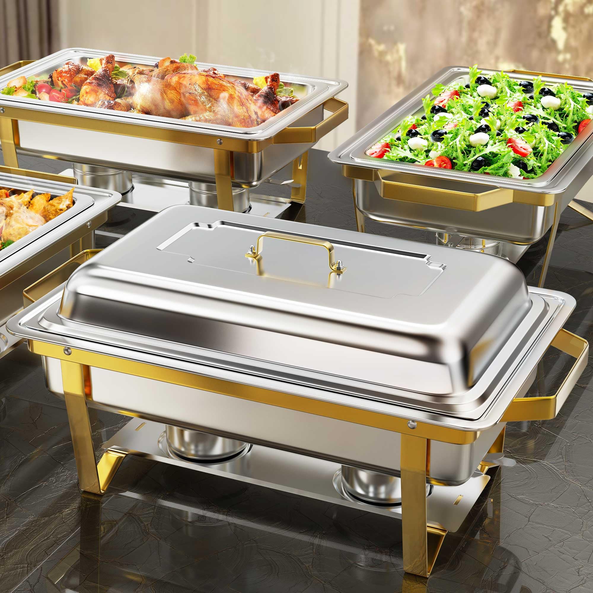Premium 9.5QT Stainless Steel Chafing Dish Set (4-Pack) - Gold Rectangular Buffet Serving Trays with Heating & Cooling Function - Perfect for Banquets, Weddings, Catering, Parties & Events