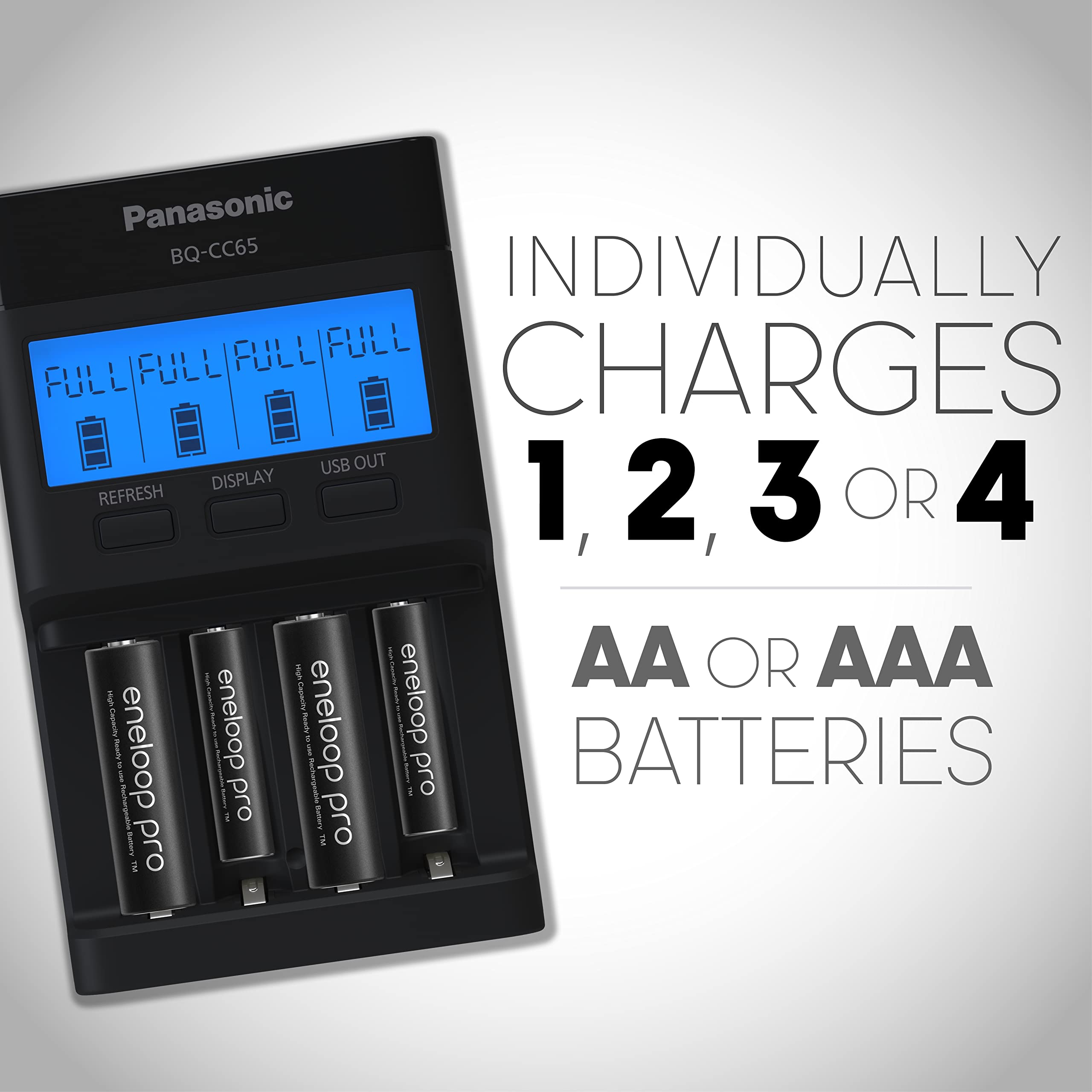Panasonic BQ-CC65AKBBA Eneloop Pro Quick Charger - 4-Position AA/AAA Battery Charger with LCD Display & USB Port - Perfect for Cameras, Gaming Controllers & Smart Home Devices