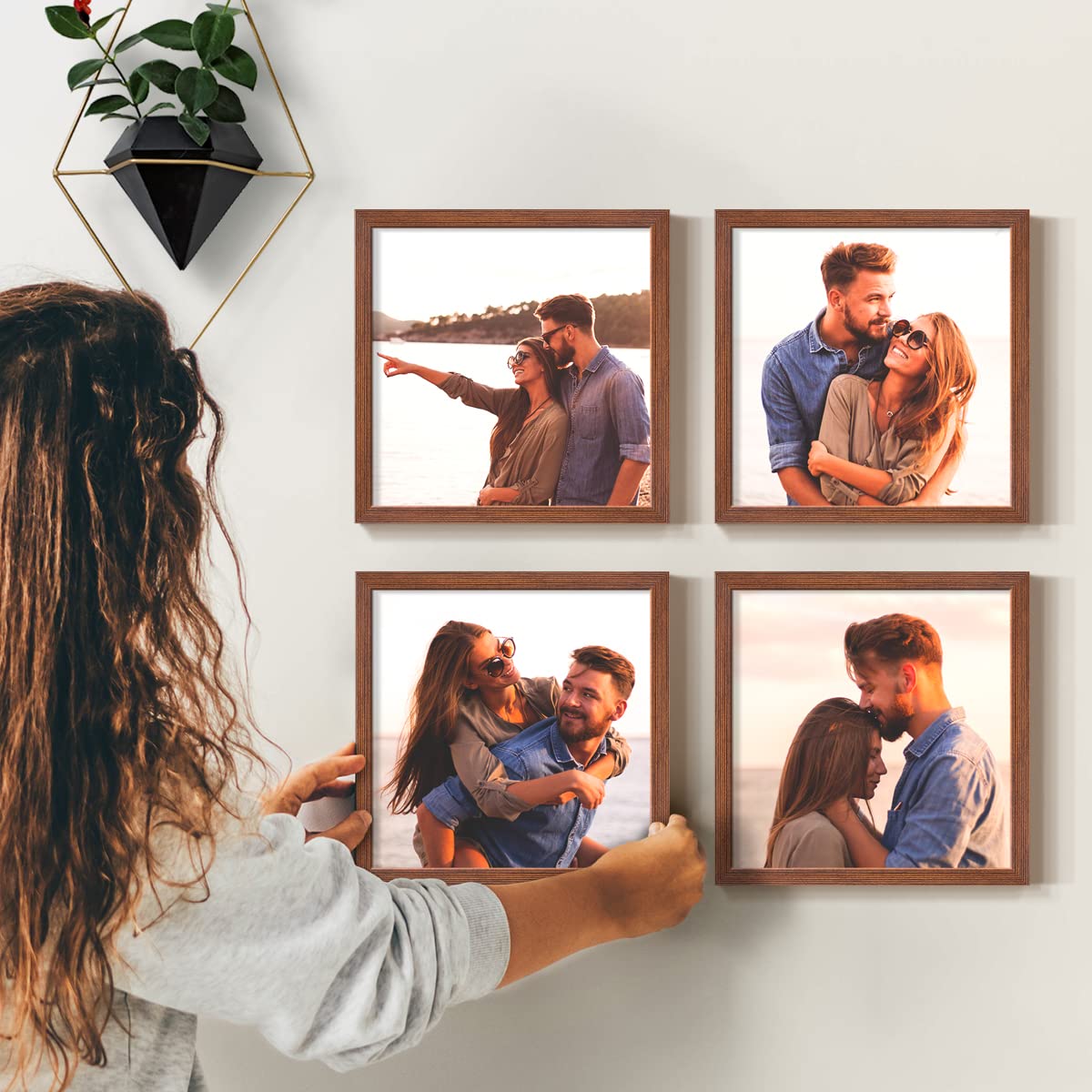Set of 4 Custom 8x8 Photo Prints with Real Walnut Wood Frames - Peel & Stick Picture Frames for Personalized Wall Collage - Perfect for Home Decor, Gifts & Office Wall Art