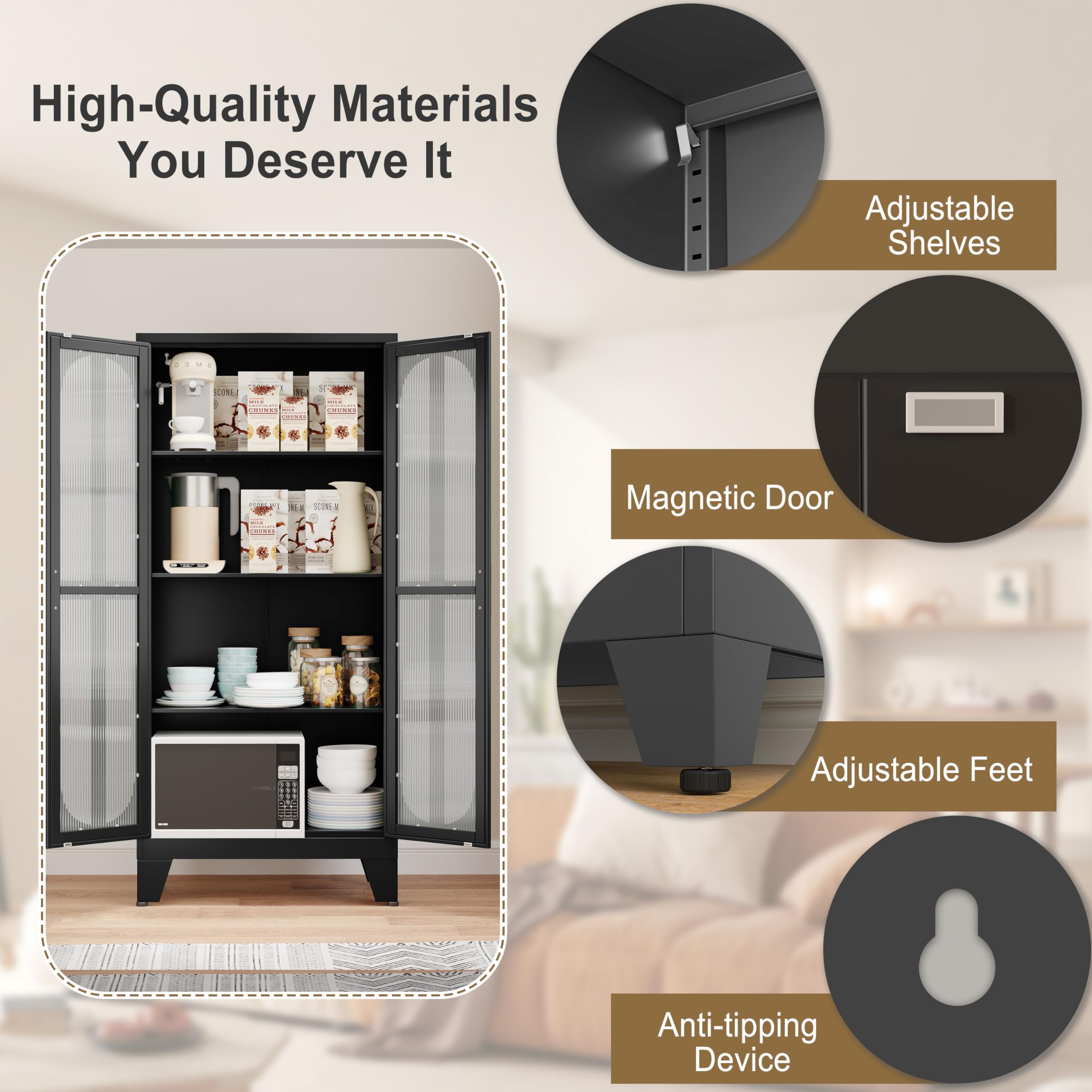 Metal Storage Cabinet with 2 Cross Door Panels & 3 Adjustable Shelves - Kitchen Pantry Organizer for Living Room, Office, Laundry, Dining Room or Outdoor Use - Black (Perfect for Home Organization & Space Saving)