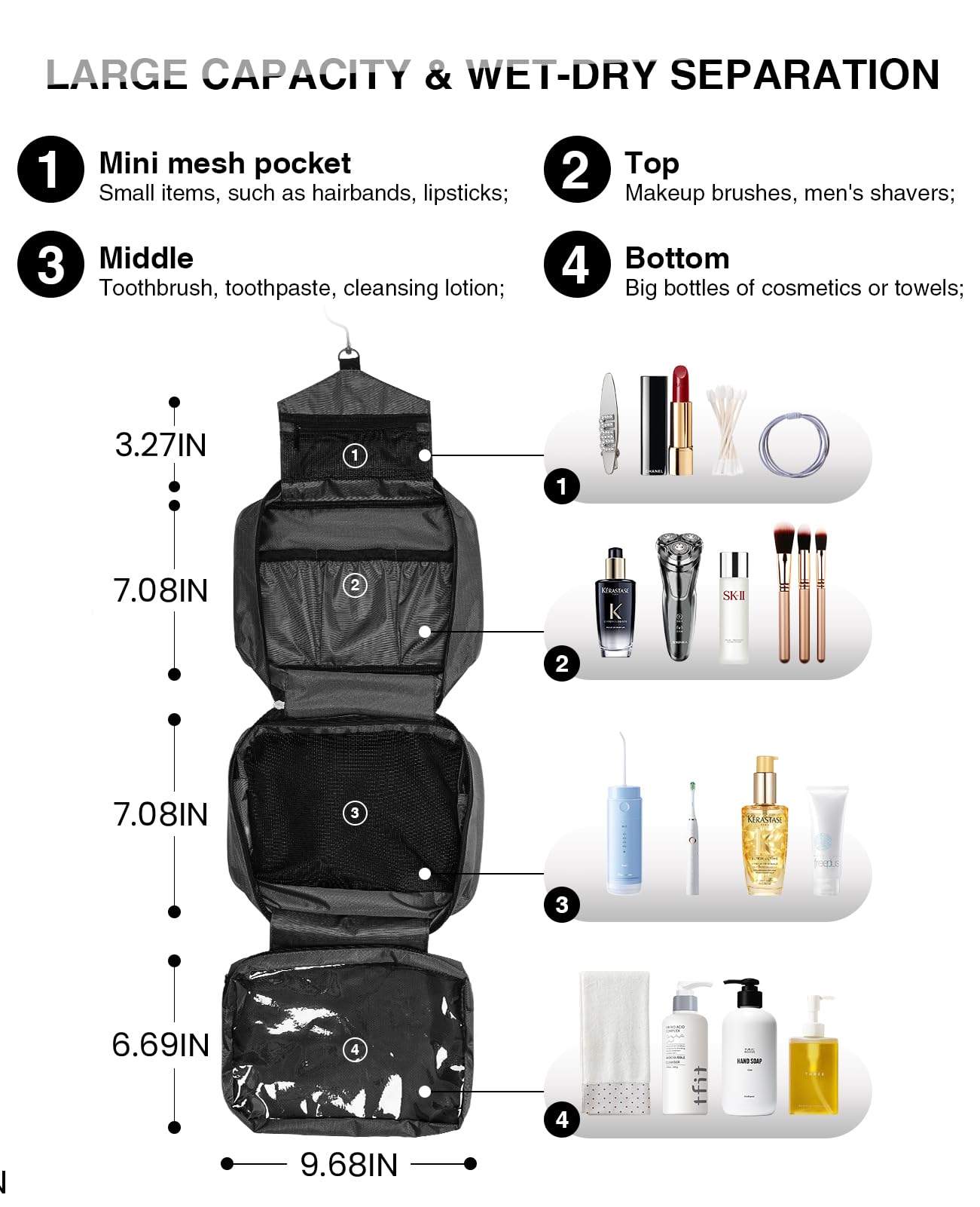 **Premium Travel Toiletry Bag for Women & Men - Large Hanging Cosmetic Organizer with Multiple Pockets for Makeup, Shampoo, Conditioner, Brushes | Portable & Waterproof | Ideal for Vacations, Business Trips & Gym (Grey)**