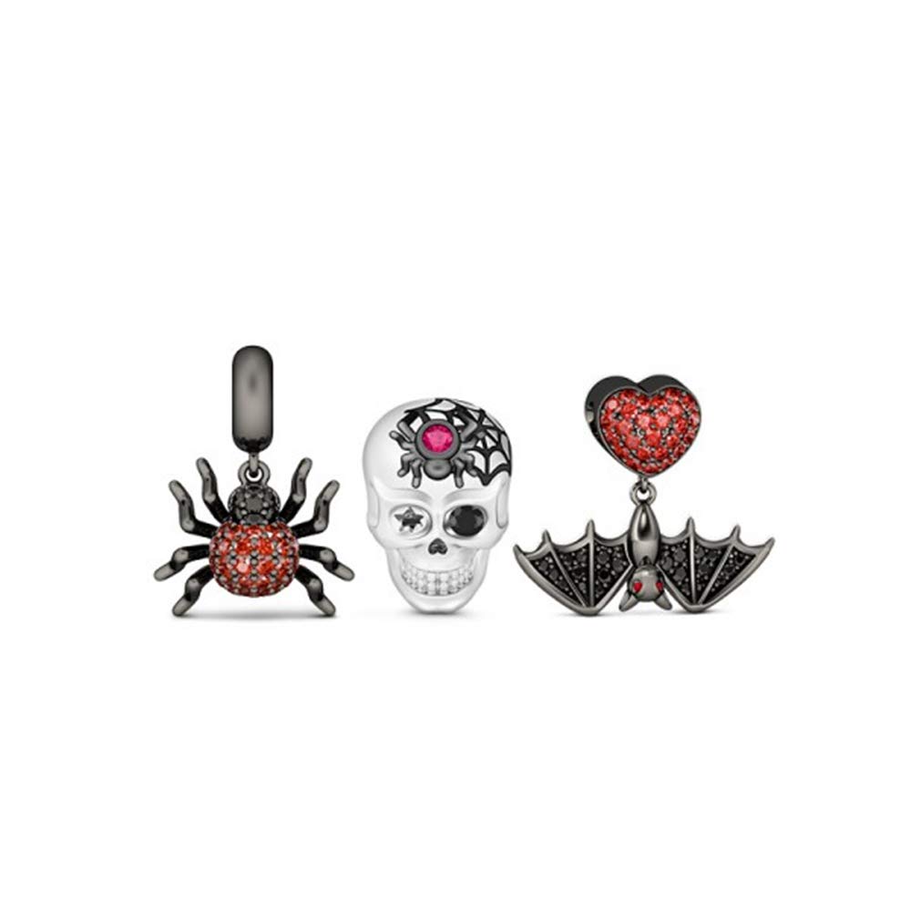 3 Pack Sterling Silver Skull Charms Set with Spider & Bat Pendants - Gothic Jewelry for Bracelets & Necklaces - Perfect Halloween Gift for Women & Men - Ideal for Gothic Fashion, Cosplay & Dark Aesthetic Outfits