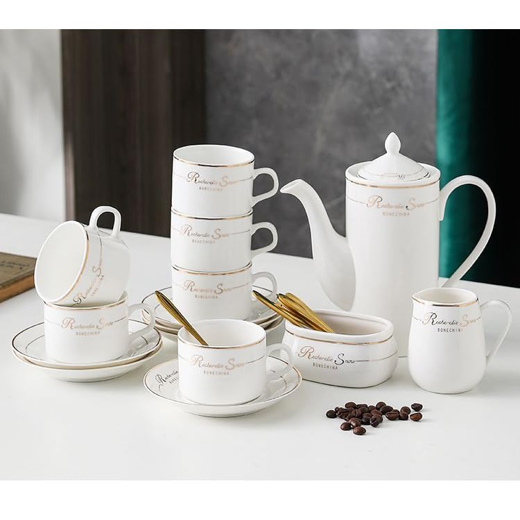 22-Piece Porcelain Teapot Set with Gold Accents - Ceramic Coffee & Tea Cups, Saucers, Sugar Bowl, Creamer & Serving Tray - Elegant Tea Party & Coffee Break Gift Set for Home, Office & Bridal Shower