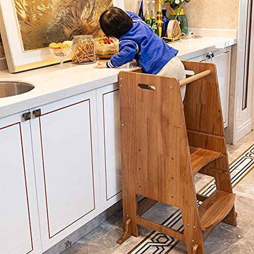 **Wooden Kitchen Helper Step Stool with Safety Rail – Adjustable Toddler Standing Tower for Kids | Safe Learning & Cooking Assistant for Toddlers – Perfect for Baking, Meal Prep & Playtime**