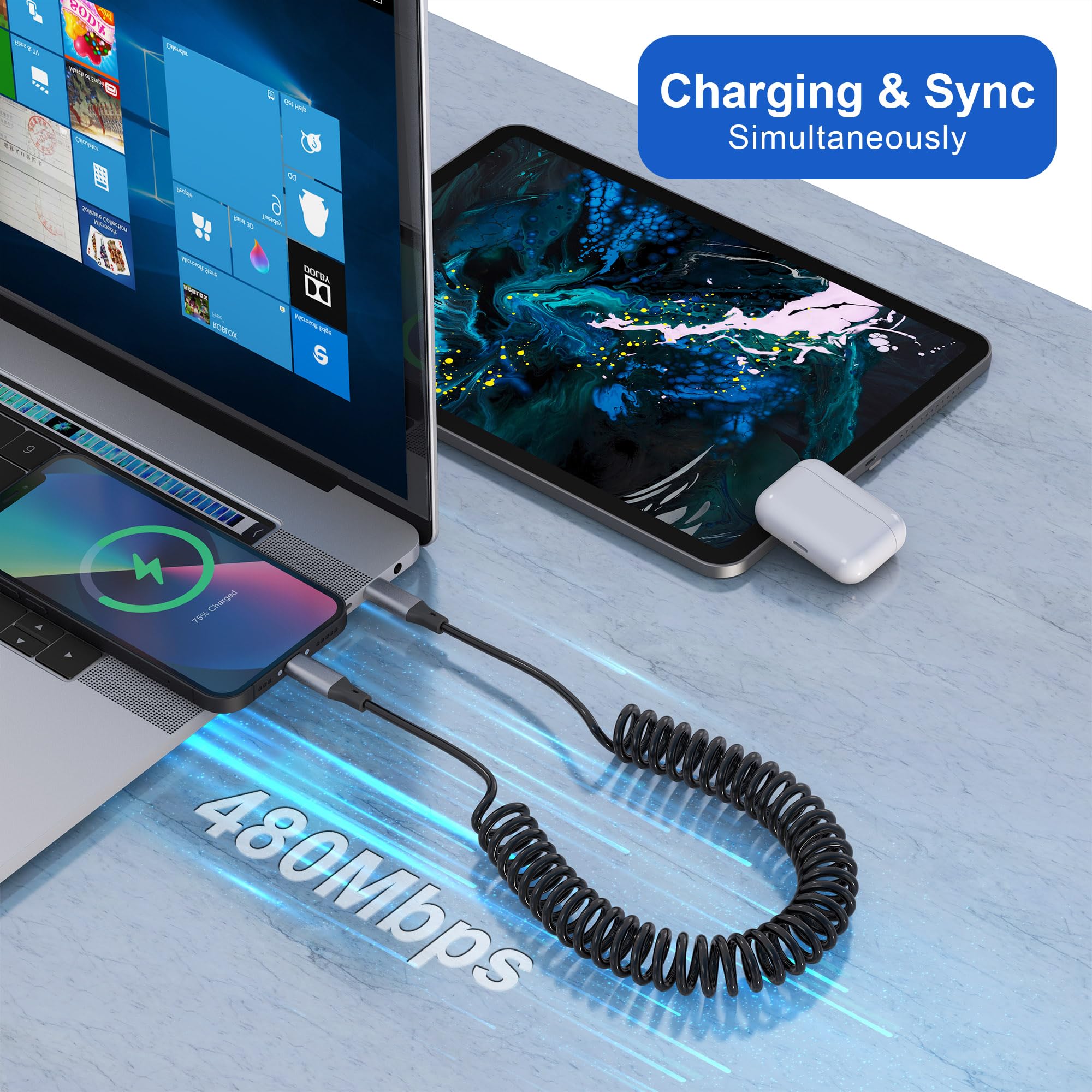 MFi Certified Coiled USB-C to Lightning Cable - Fast Charging & Data Sync for iPhone, iPad, iPod - Short Retractable Apple CarPlay Compatible Cord (Perfect for Car, Home & Office Use)