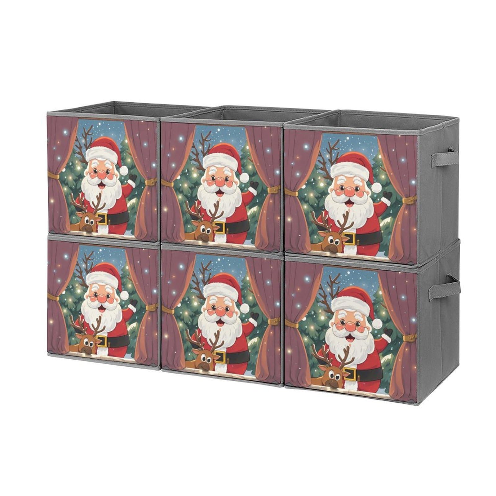 6PCS Foldable Storage Bins with Handles - Large Capacity Reindeer Peeping Printed Storage Boxes & Organizer Cubes for Playroom, Office, Home Organization | Perfect for Kids' Toys, Books & Clutter Control