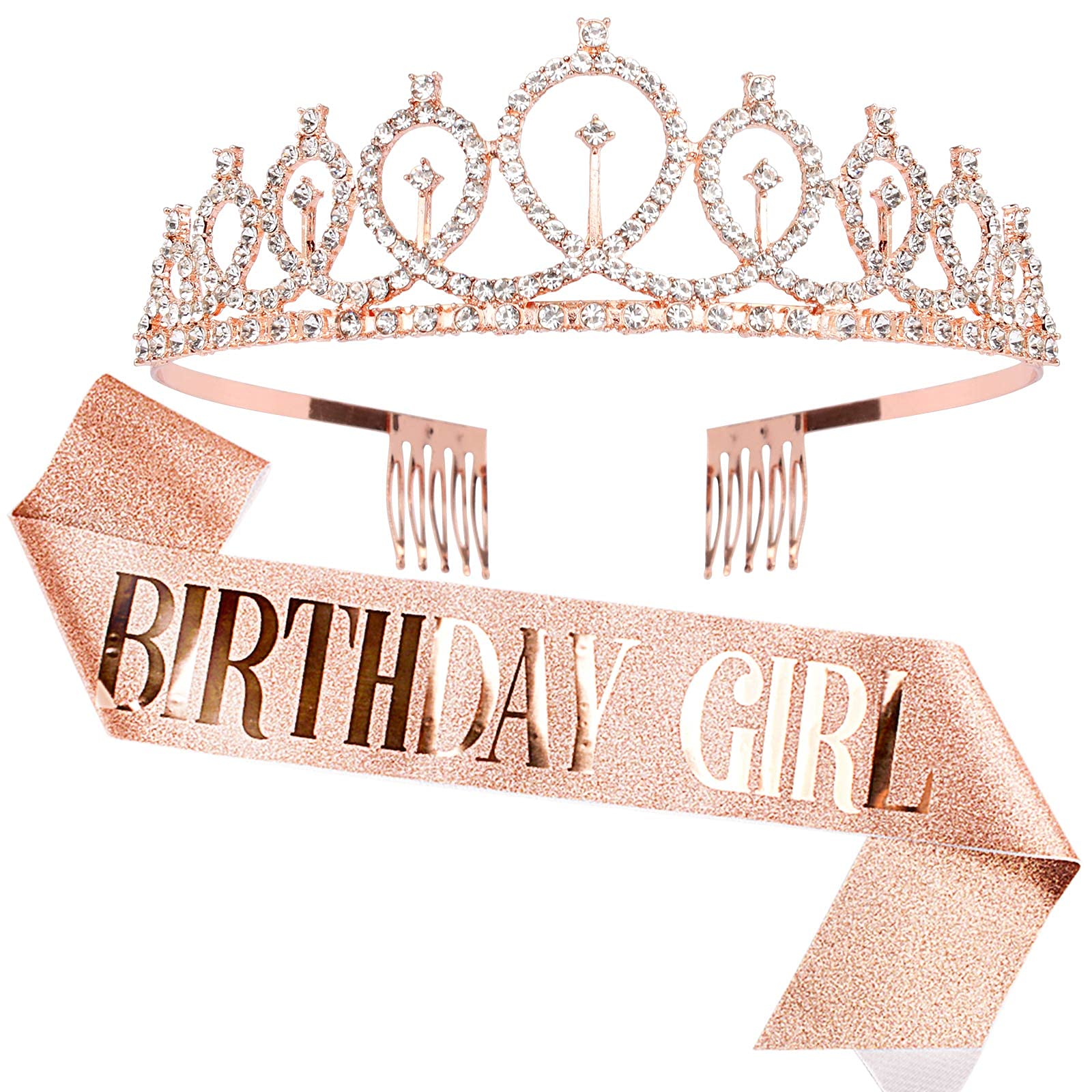 Elegant Rose Gold Birthday Crown & Sash Set for Women - Sparkling Rhinestone Tiara & Glitter Sash - Perfect for Birthday Parties, Bachelorette, Bridal Showers & Special Celebrations