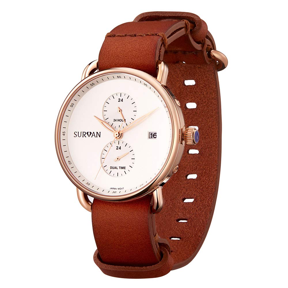 SURVAN Luxury Men's Watch - Japanese Quartz Movement, Sapphire Crystal, Yellow Gold Ion-Plated Stainless Steel Case with Genuine Leather Strap - Perfect for Business, Formal Events & Everyday Wear