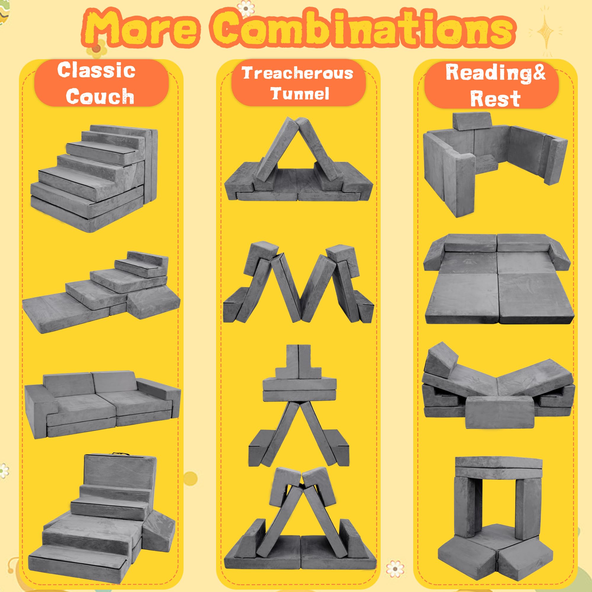 **Modular Kids Play Couch for Toddlers & Babies - Convertible Playroom & Bedroom Furniture - Imaginative Play Couch for Boys & Girls - Perfect Gift for Kids (Grey) - Ideal for Playtime, Reading & Relaxation**
