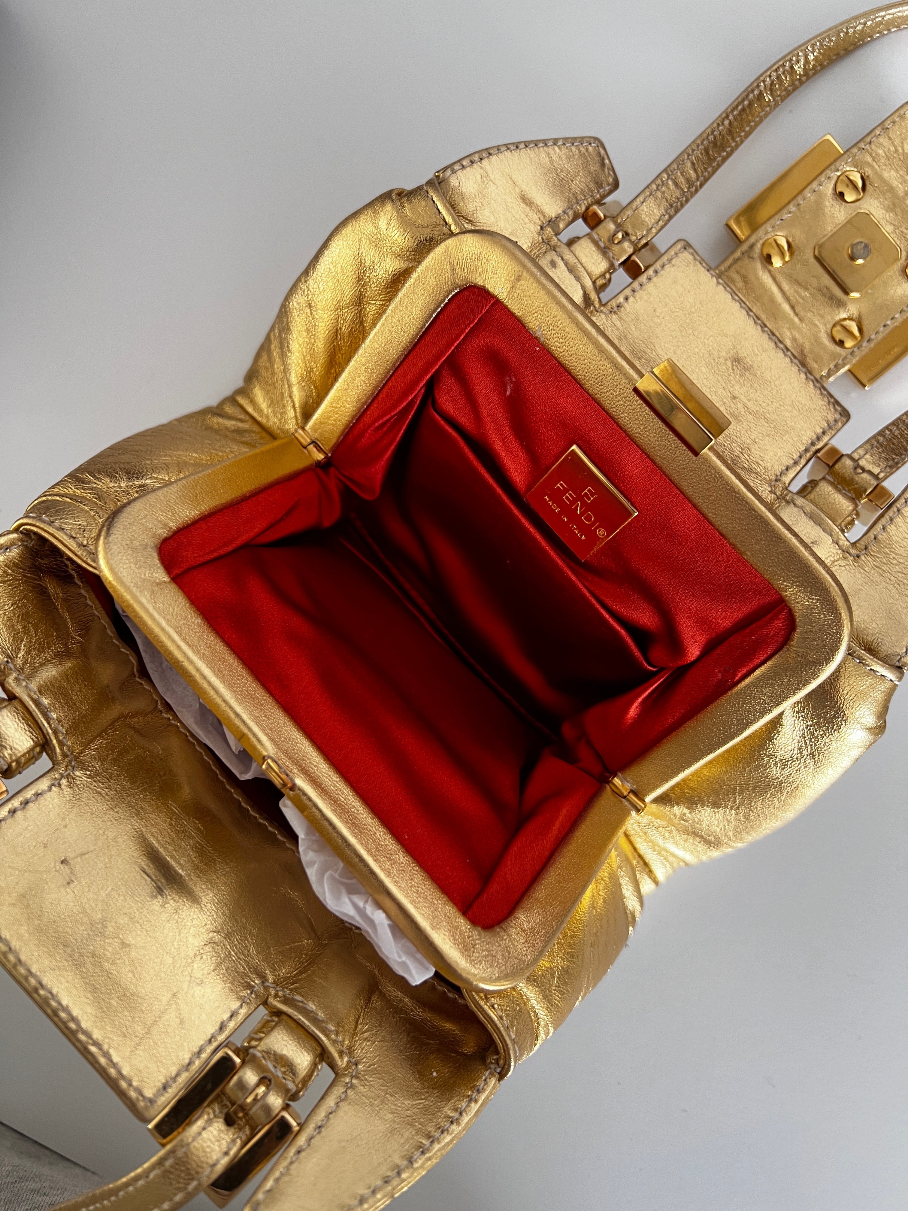Vintage FENDI Golden Leather Handbag for Women - Luxury Designer Crossbody Purse with Chain Strap - Perfect for Parties, Date Nights & Special Occasions