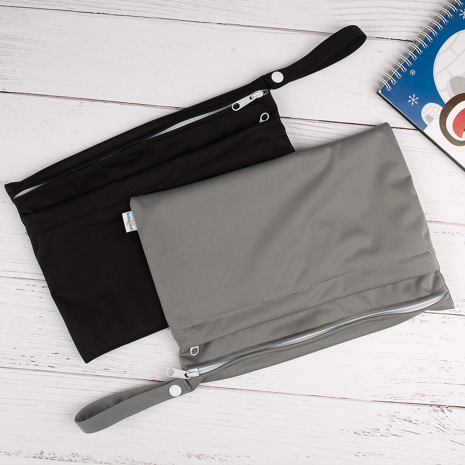 Babygoal Wet Dry Bags 2 Pack - Reusable Waterproof Diaper Bags for Baby Cloth Diapers, Swimsuits & Wet Clothes - Small Size 2L Travel Bags with Dual Zippered Pockets - Perfect for Beach, Pool, Gym & Daycare Essentials