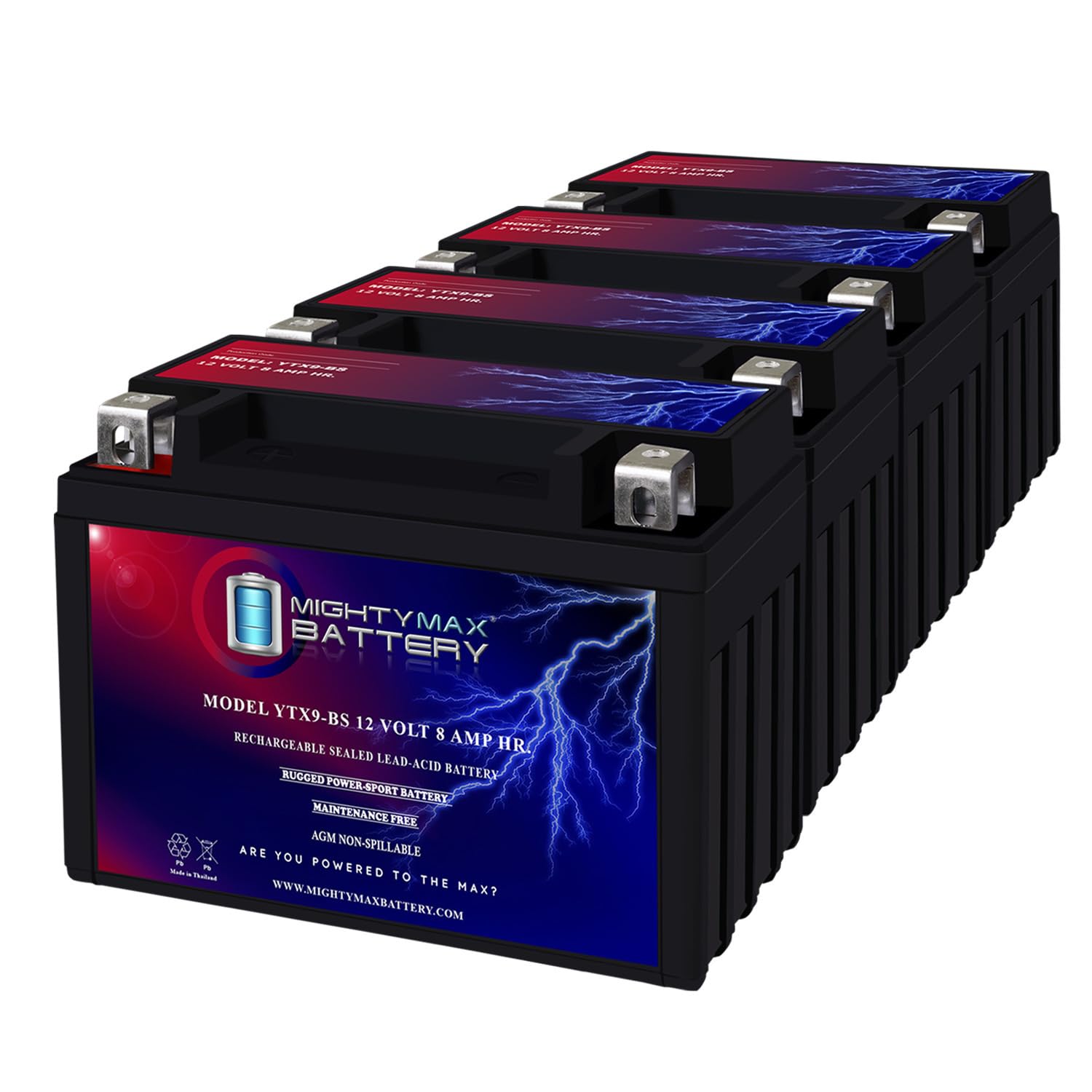 Mighty Max YTX9-BS 12V 8Ah SLA Replacement Battery - 4 Pack for ATV, Scooter, Motorcycle & Powersports - Long Lasting Power for Off-Road Adventures & Daily Commutes