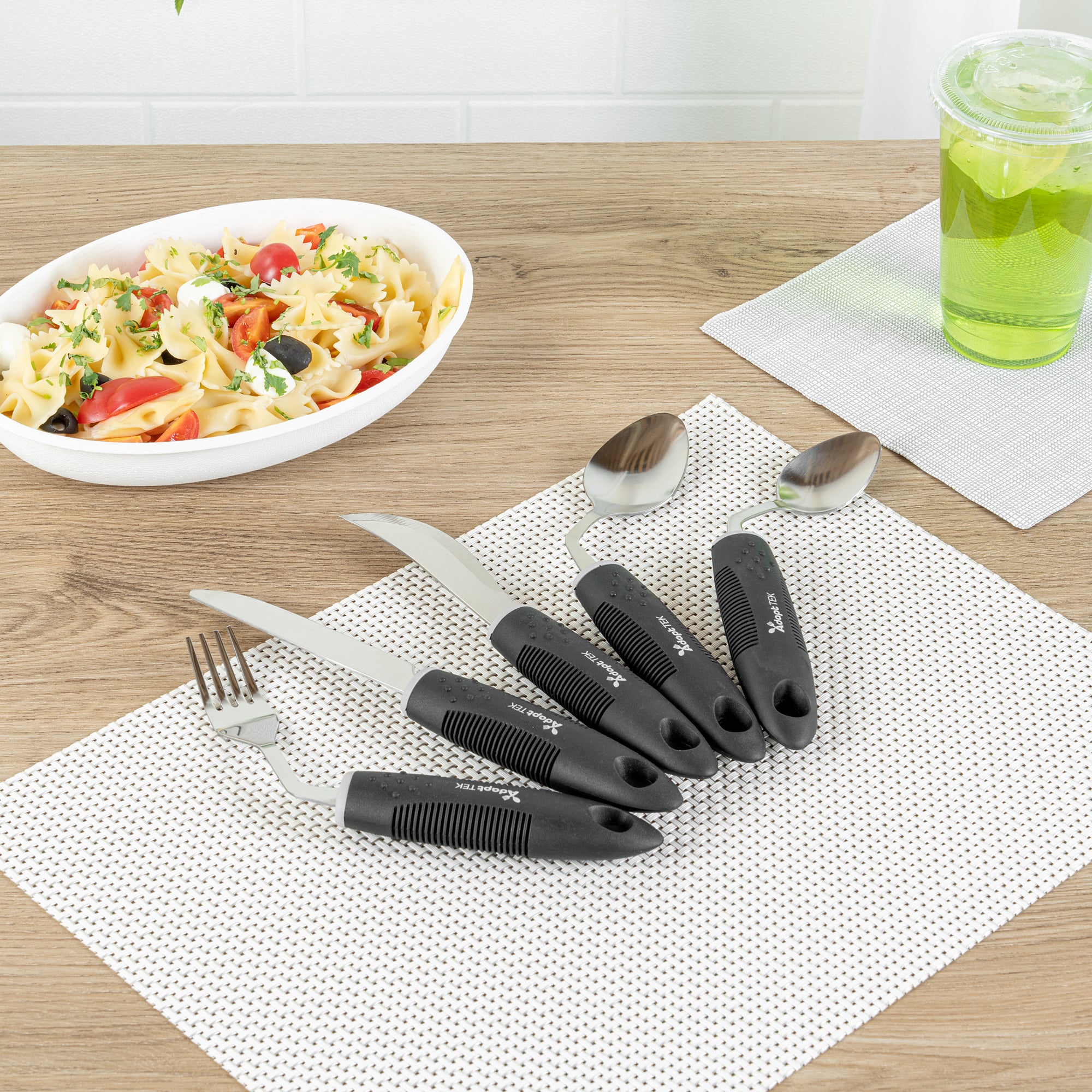 Adapt Tek Black Stainless Steel 5-Piece Adaptive Offset Utensil Set for Left-Handed Users - Lightweight, Non-Slip Grip, Ergonomic Design - Ideal for Arthritis, Limited Mobility & Elderly Care (1 Count) - Perfect for Cooking, Dining & Assisted Living