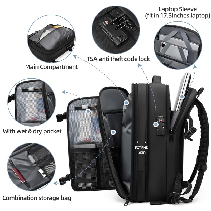 Men's Travel Backpack with Vacuum Compression - Large Capacity 17 Inch Laptop Backpack for Hiking & Business (Black) | Perfect for Commuting, Air Travel and Outdoor Adventures