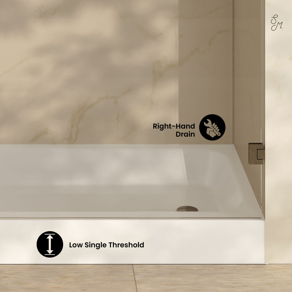 Voltaire 60 x 30 Inch Glossy White Shower Pan Base with Right Drain - Perfect for Bathroom Remodeling and Modern Walk-In Showers