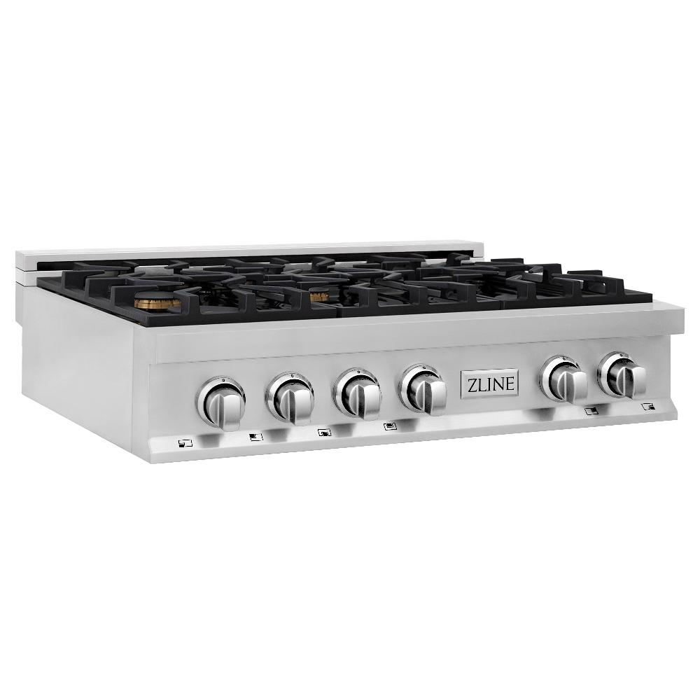ZLINE 36 Inch Stainless Steel Gas Rangetop with 6 Brass Burners & Porcelain Cooktop - Professional Grade for Home Chefs (RT BR 36) | Perfect for Gourmet Cooking, Entertaining & Modern Kitchens