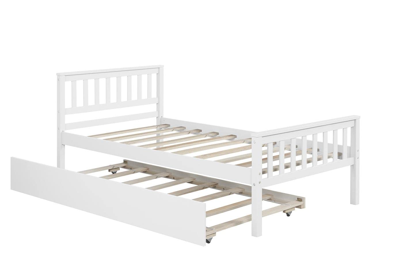 JINS&VICO Twin Sleigh Platform Bed with Trundle - Solid Pine Wood Bed Frame for Compact Rooms - White | Space-Saving Kids Bedroom Furniture, Guest Room & Small Space Solution