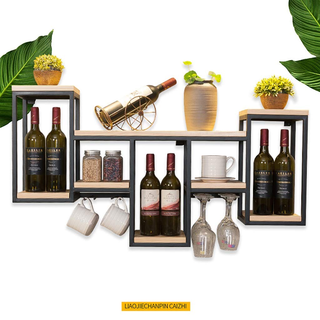 Solid Wood & Wrought Iron Wall-Mounted Wine Rack with Upside Down Glass Display - Rustic Home Bar Decor for Kitchen, Dining Room or Wine Cellar Organization