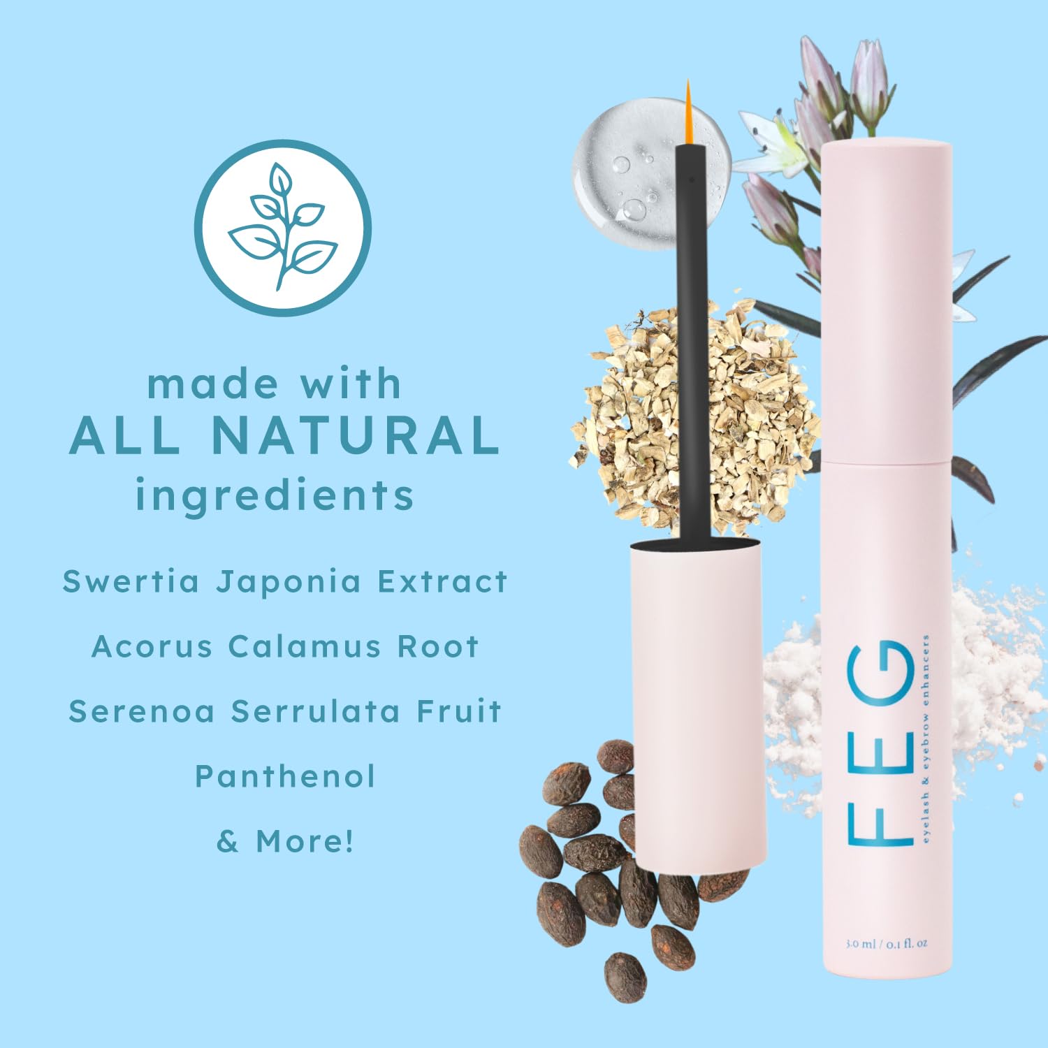 FEG Eyelash Growth Serum with Natural Ingredients - 2 Pack of 3ml Tubes | Fast Acting Lash Enhancer for Thicker, Longer & Fuller Eyelashes | Stimulates Natural Growth | Perfect for Daily Use & Special Occasions