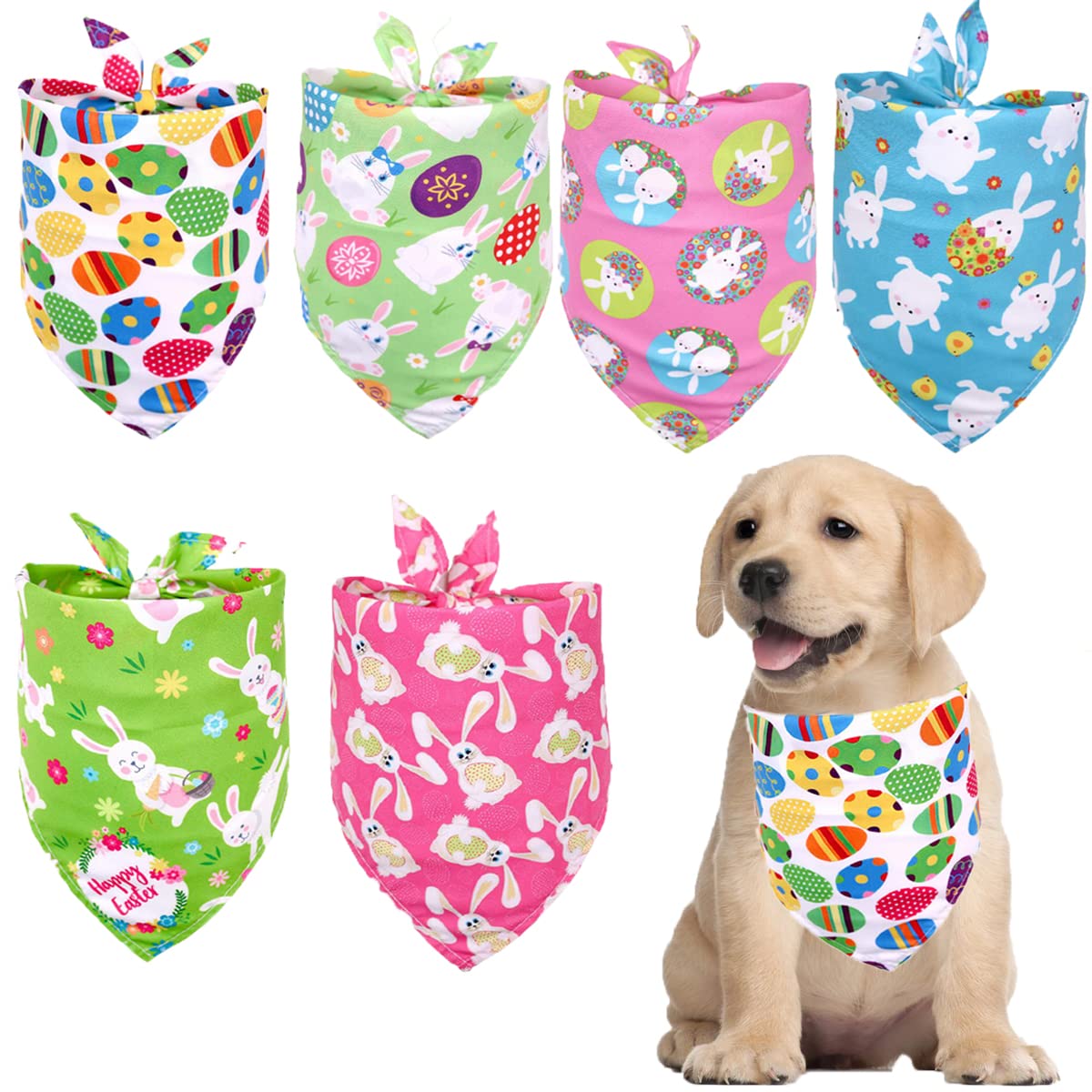 6-Piece Easter Dog Bandanas Set - Colorful Rabbit & Easter Egg Pattern Washable Adjustable Dog Scarves for Medium & Large Dogs - Perfect for Easter Pet Photos, Parties & Gifting (Random Colors)