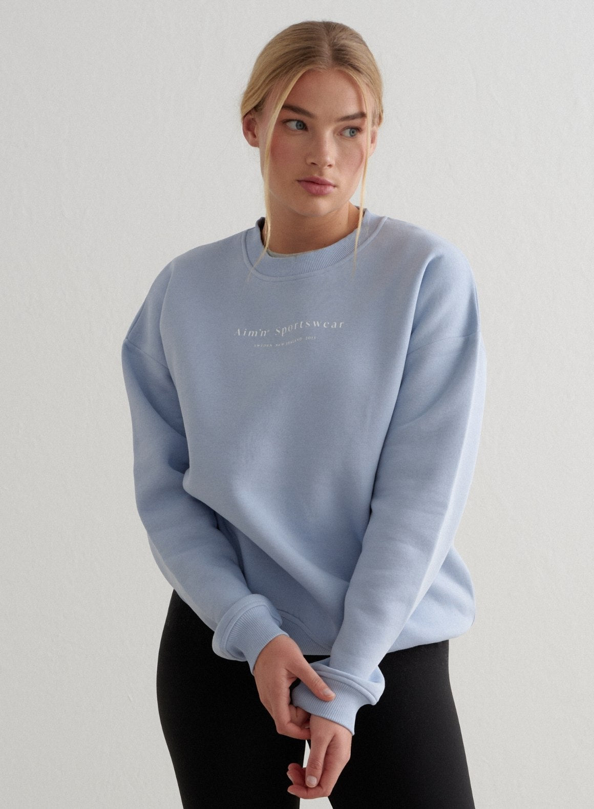 Stylish Cloudy Blue Serif Print Sweatshirt for Women | Soft Cotton Pullover | Perfect for Casual Outings & Cozy Loungewear