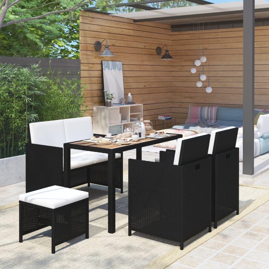 vidaXL 6-Piece Patio Dining Set with Wood Tabletop & Rattan Chairs with Cushions - Black Outdoor Furniture for Garden, Backyard, and Poolside Dining