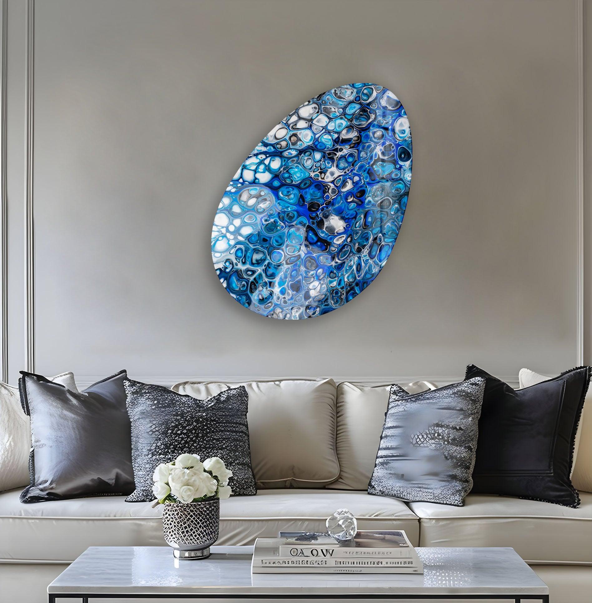 Abstract Watercolor Blue Oval Glass Wall Art - Handmade Modern Home Decor for Living Room, Bedroom & Office