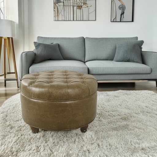 Homepop Button Tufted Faux Leather Round Storage Ottoman - Brown Leather Footrest Stool with Hidden Storage for Living Room, Bedroom & Home Decor | Perfect for Extra Seating, Footrest & Organization